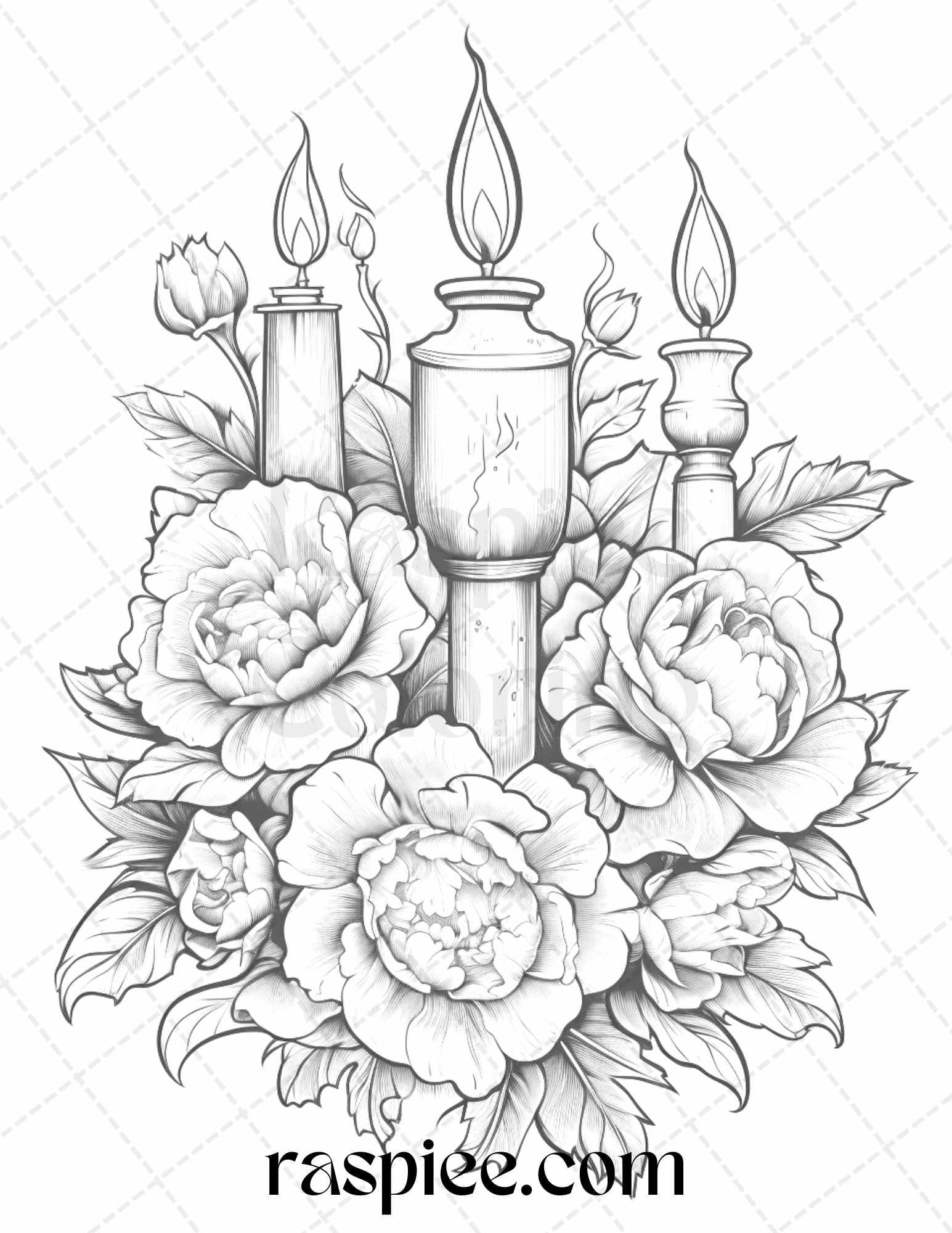 40 Flower Candles Grayscale Coloring Pages Printable for Adults, PDF File Instant Download