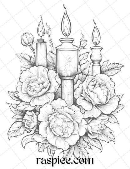 40 Flower Candles Grayscale Coloring Pages Printable for Adults, PDF File Instant Download