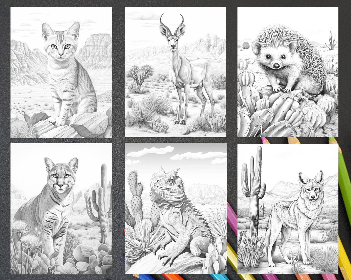 43 Desert Animals Grayscale Coloring Pages Printable for Adults, PDF File Instant Download