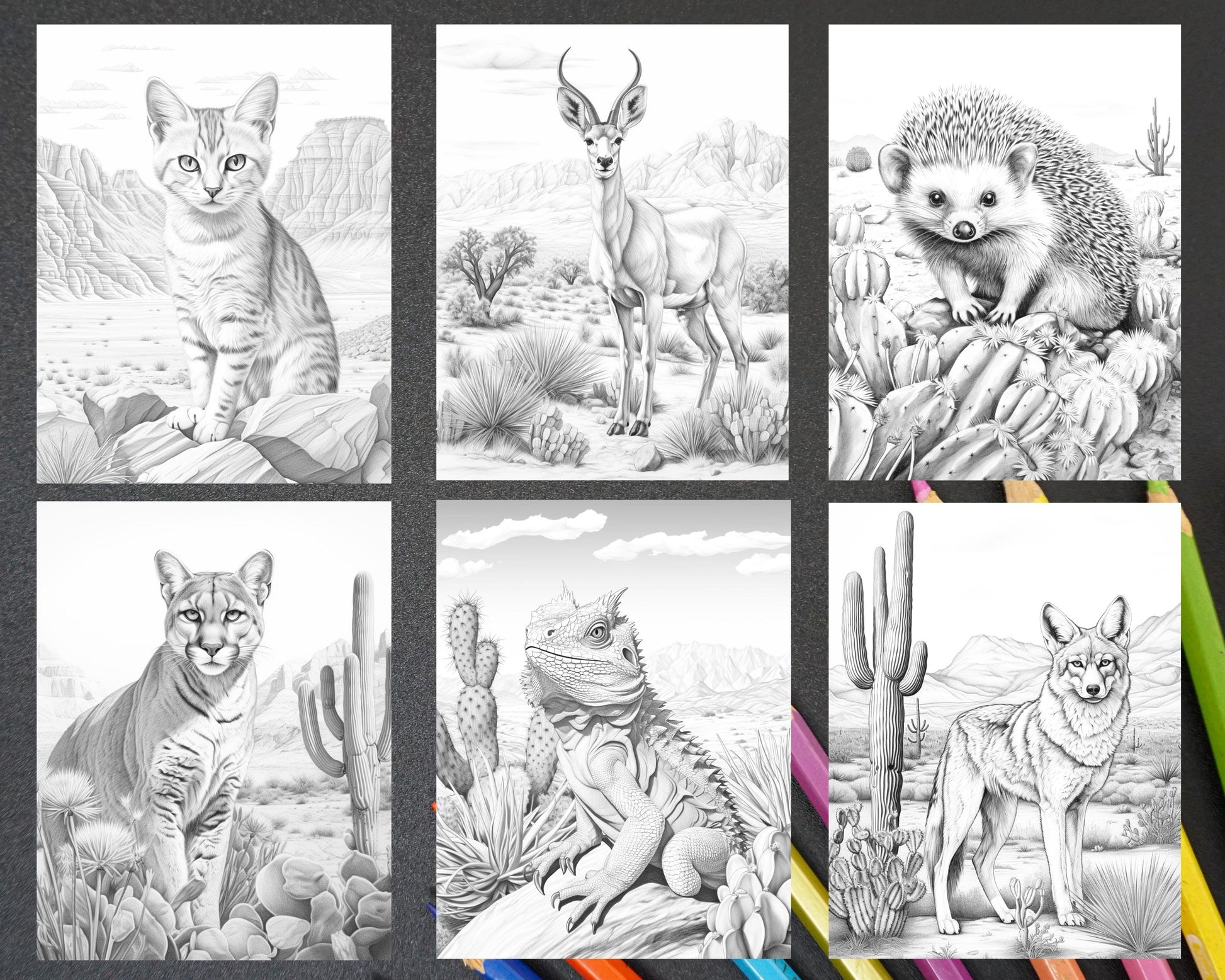 43 Desert Animals Grayscale Coloring Pages Printable for Adults, PDF File Instant Download