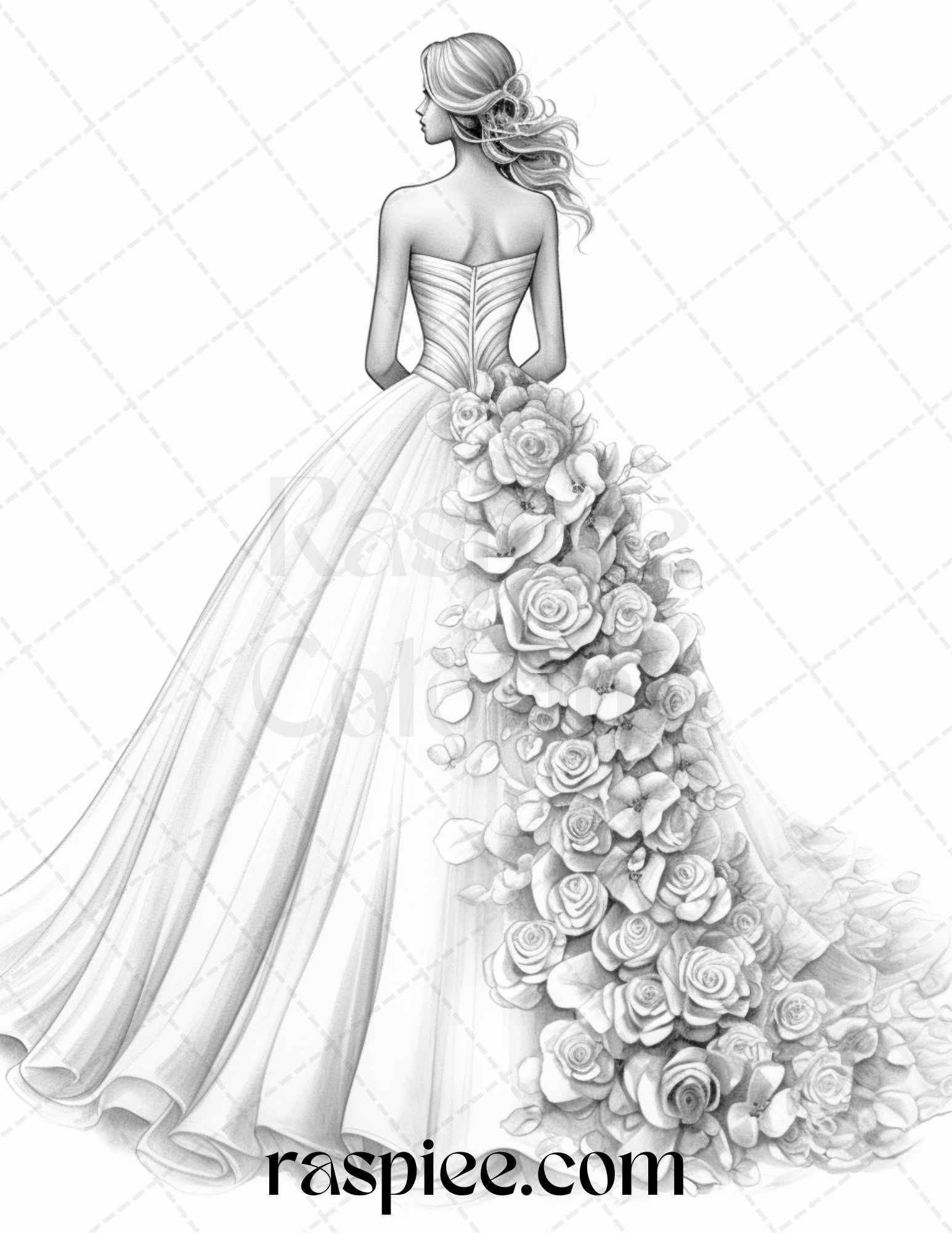 40 Elegant Floral Wedding Dresses Grayscale Coloring Pages Printable for Adults, PDF File Instant Download