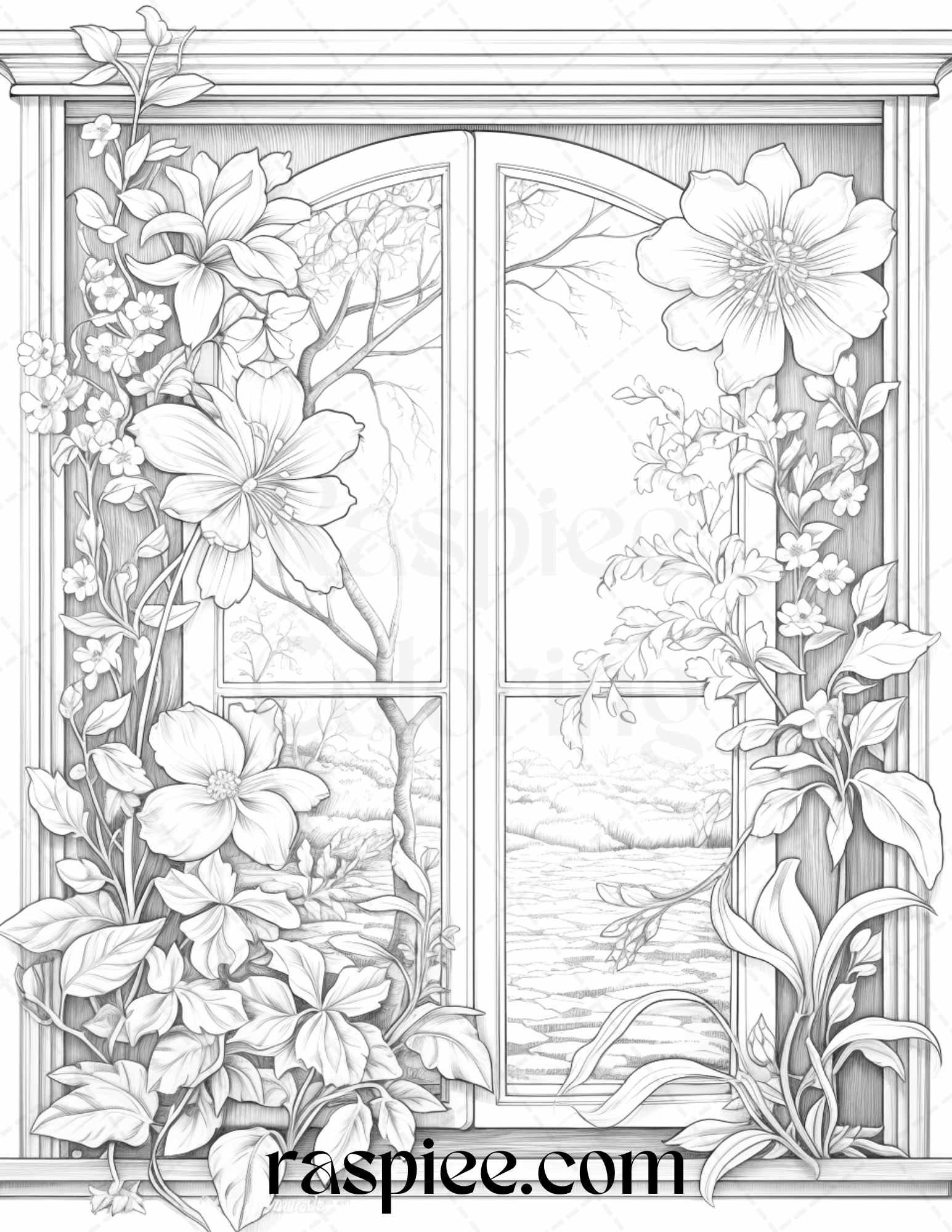 50 Blooming Windows Grayscale Coloring Pages Printable for Adults, PDF File Instant Download