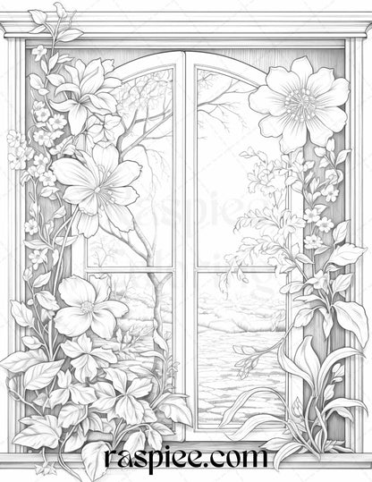 50 Blooming Windows Grayscale Coloring Pages Printable for Adults, PDF File Instant Download