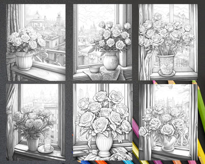 40 Captivating Roses Grayscale Coloring Pages Printable for Adults, PDF File Instant Download