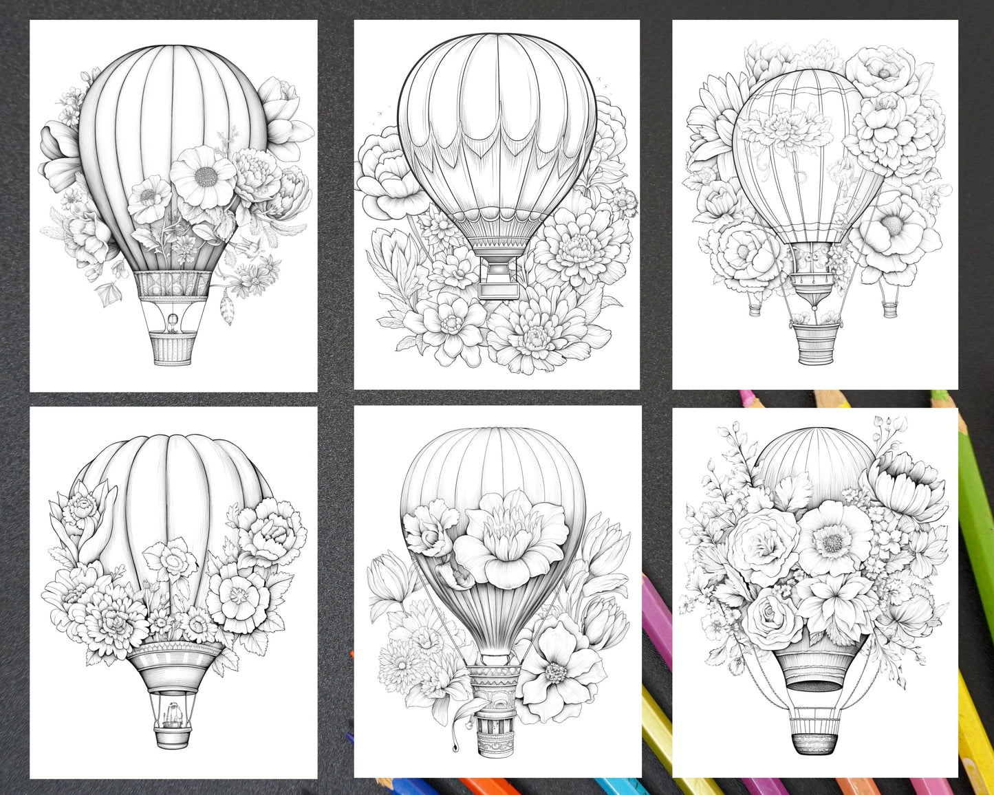 42 Flower Hot Air Balloons Grayscale Coloring Pages Printable for Adults, PDF File Instant Download