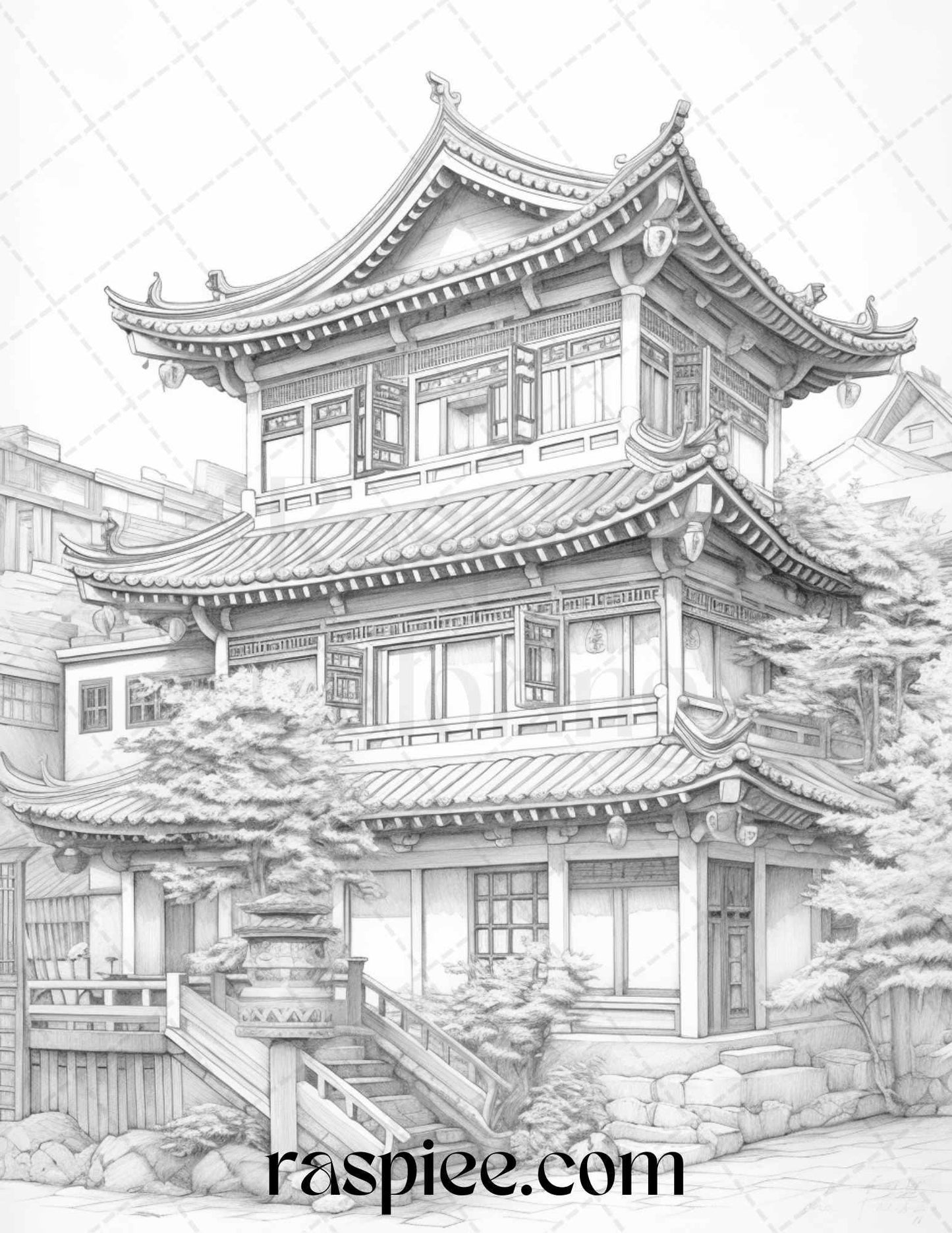 40 Traditional Chinese Houses Grayscale Coloring Pages Printable for Adults, PDF File Instant Download