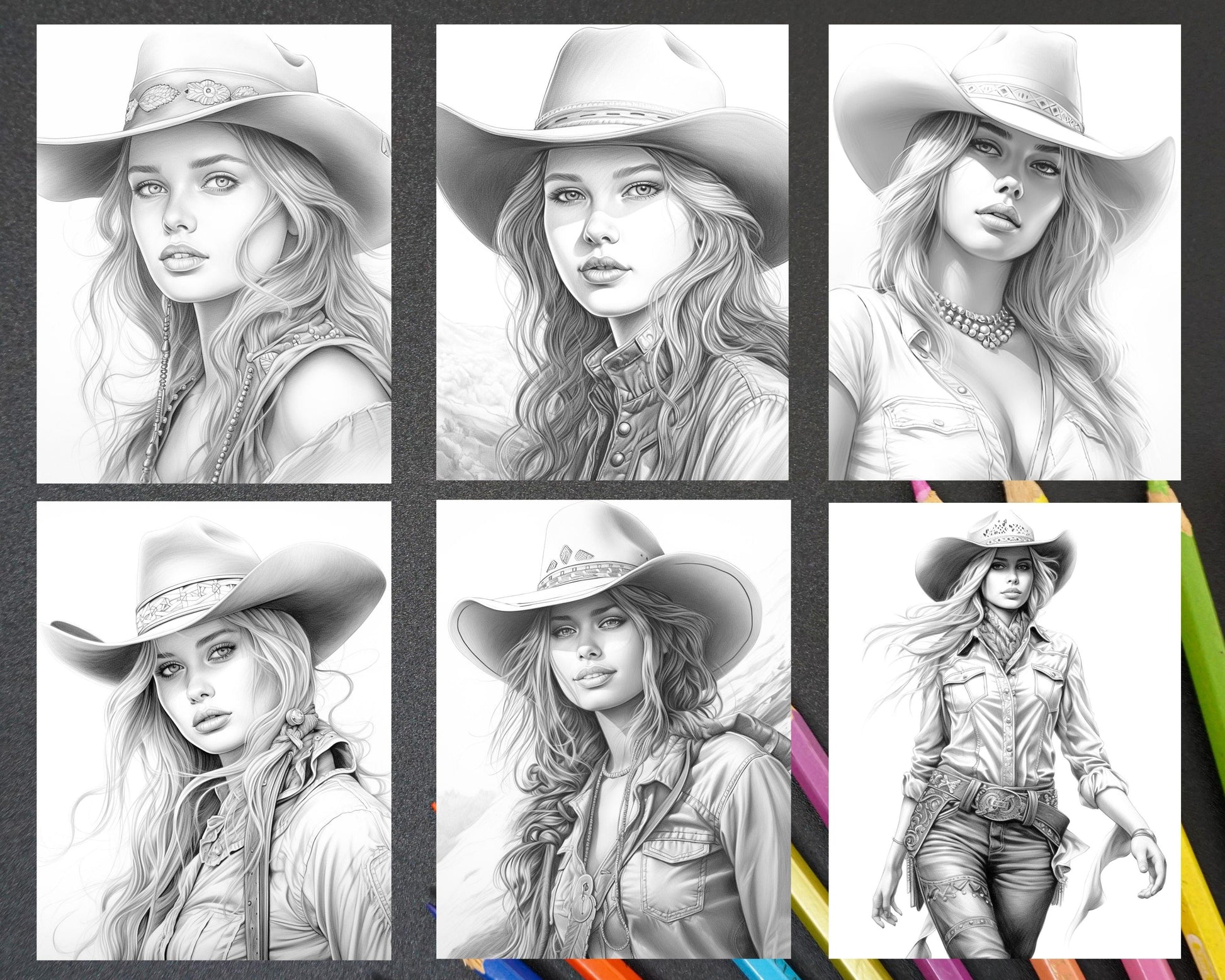 40 Beautiful Cowgirls Grayscale Coloring Pages Printable for Adults, PDF File Instant Download