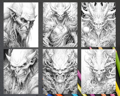 43 Fantasy Demons Grayscale Coloring Pages for Adults, Printable PDF File Instant Download