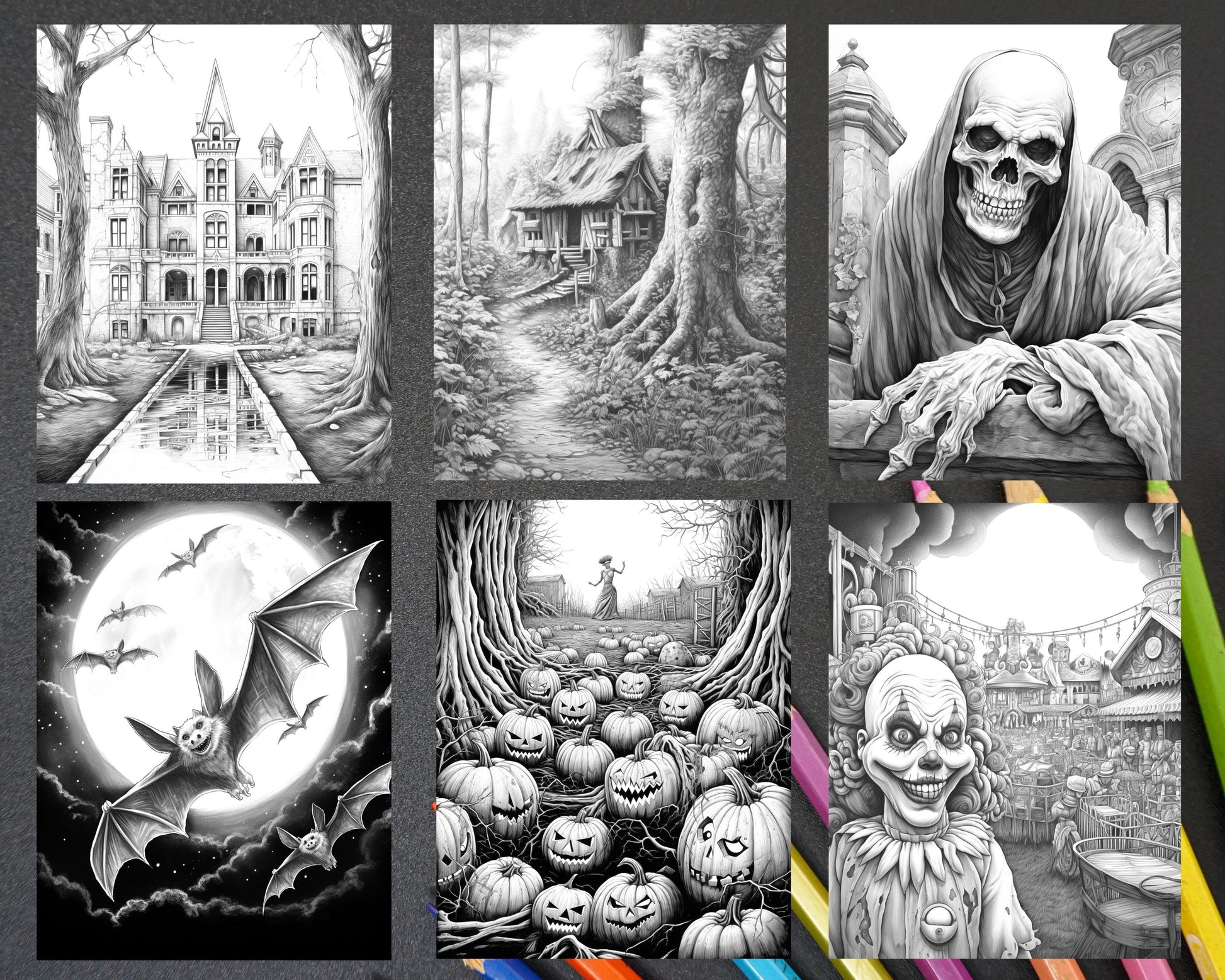 Ghoulish Halloween Grayscale Coloring Pages Printable for Adults, PDF File Instant Download