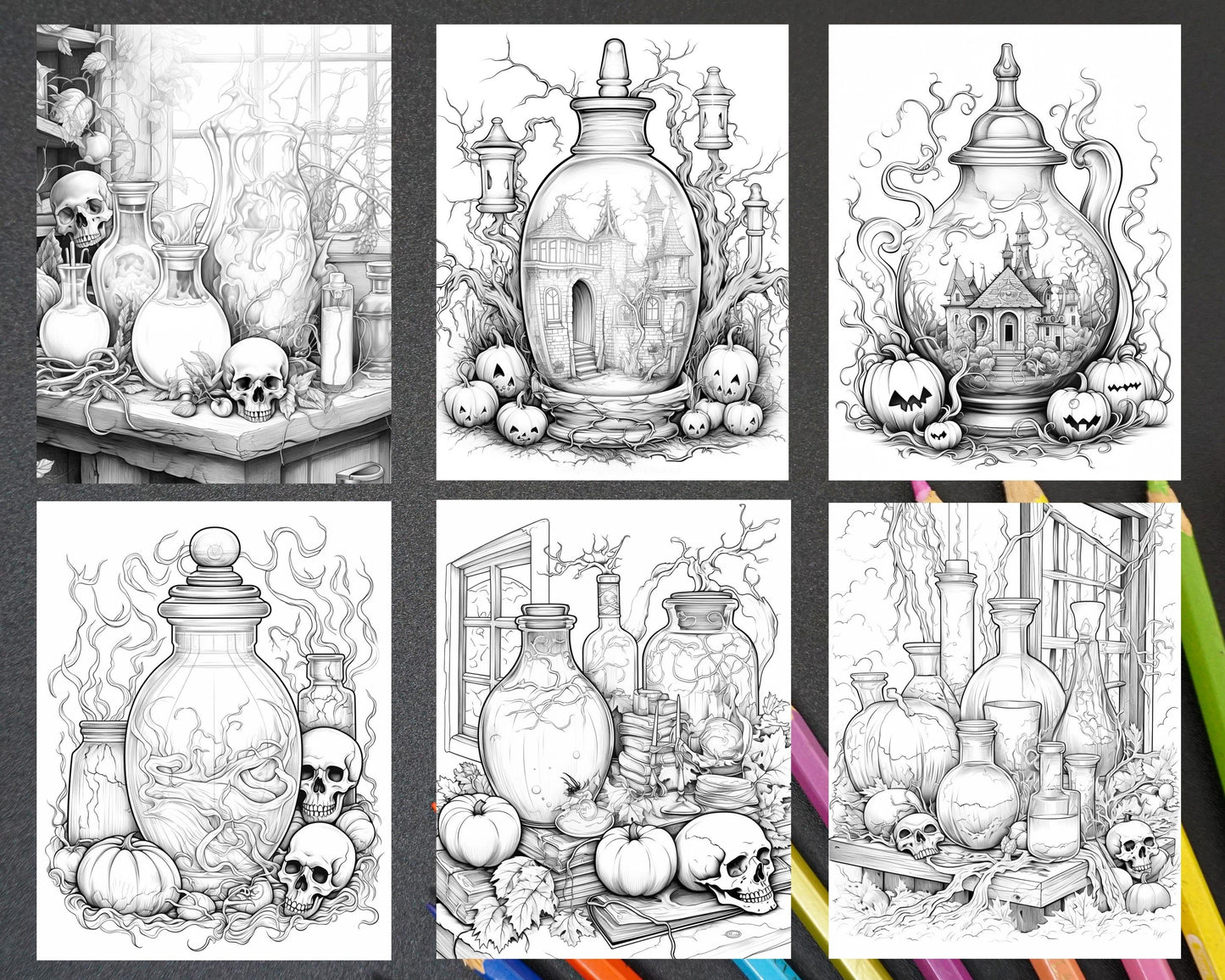 40 Mystical Magic Potions Grayscale Coloring Pages Printable for Adults, PDF File Instant Download