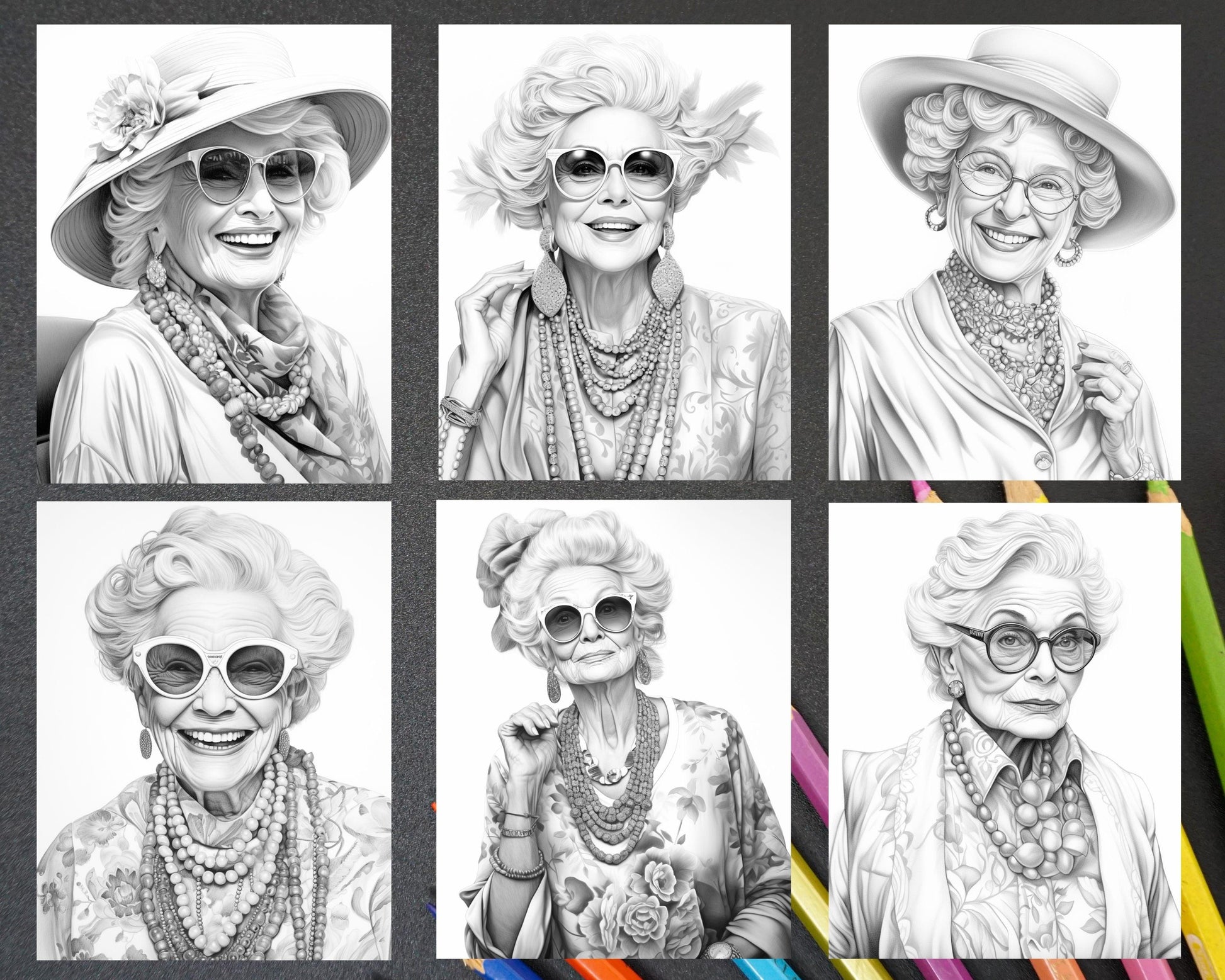 40 Fashionista Grandma Grayscale Coloring Pages Printable for Adults, PDF File Instant Download