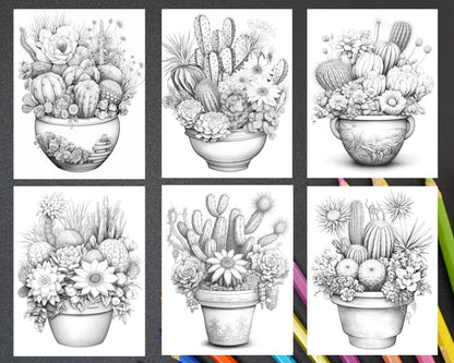 40 Charming Cactus Pots Grayscale Coloring Pages Printable for Adults, PDF File Instant Download