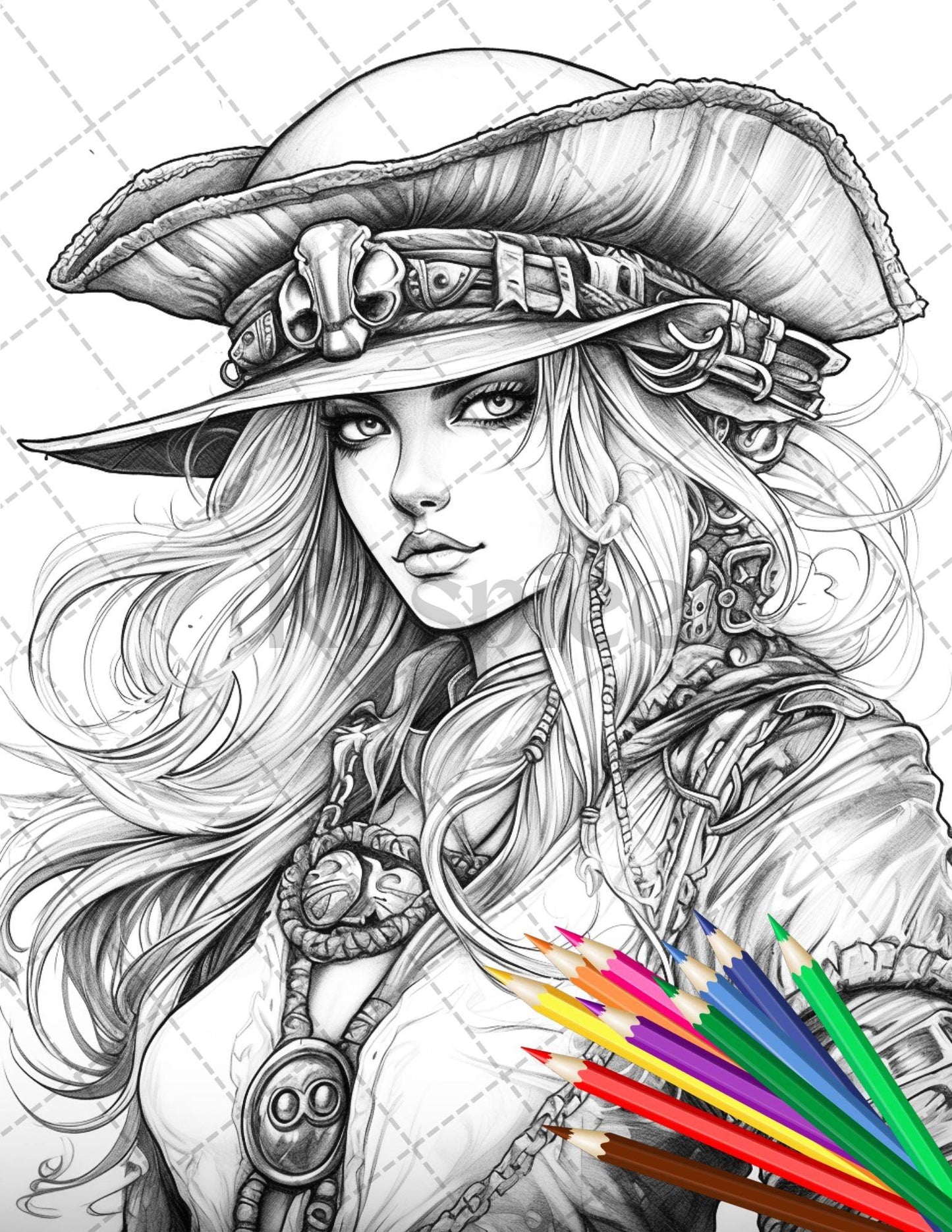 48 Beautiful Pirate Princess Coloring Book Printable for Adults, Grayscale Coloring Page, PDF File Instant Download