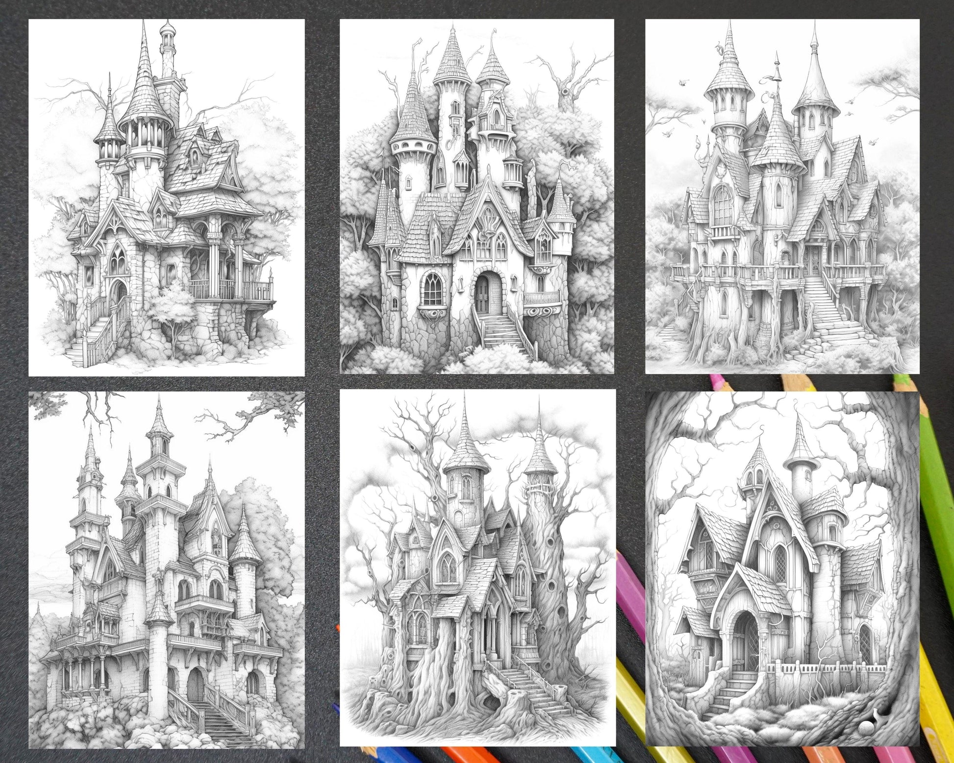 40 Creepy Gothic Houses Grayscale Coloring Pages Printable for Adults, PDF File Instant Download