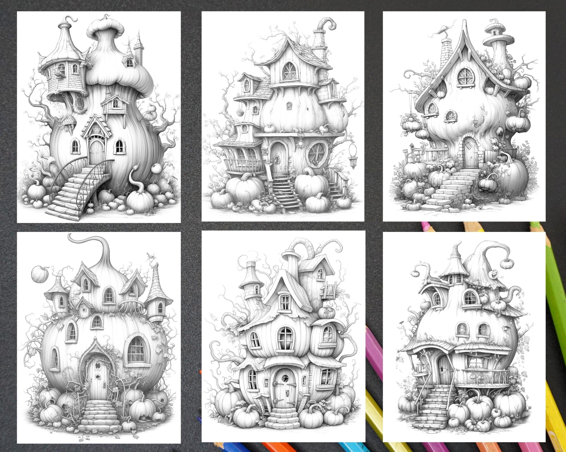 40 Pumpkin Fairy Houses Grayscale Coloring Pages Printable for Adults, PDF File Instant Download