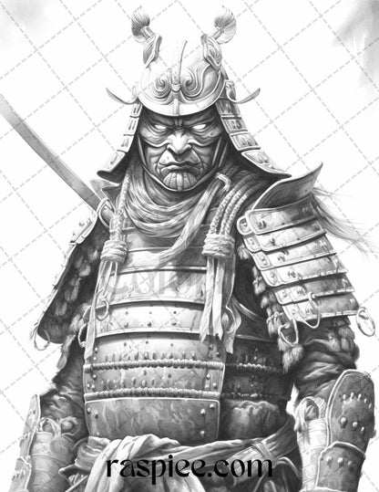 42 Japanese Samurai Grayscale Coloring Pages for Adults, Printable PDF File Instant Download