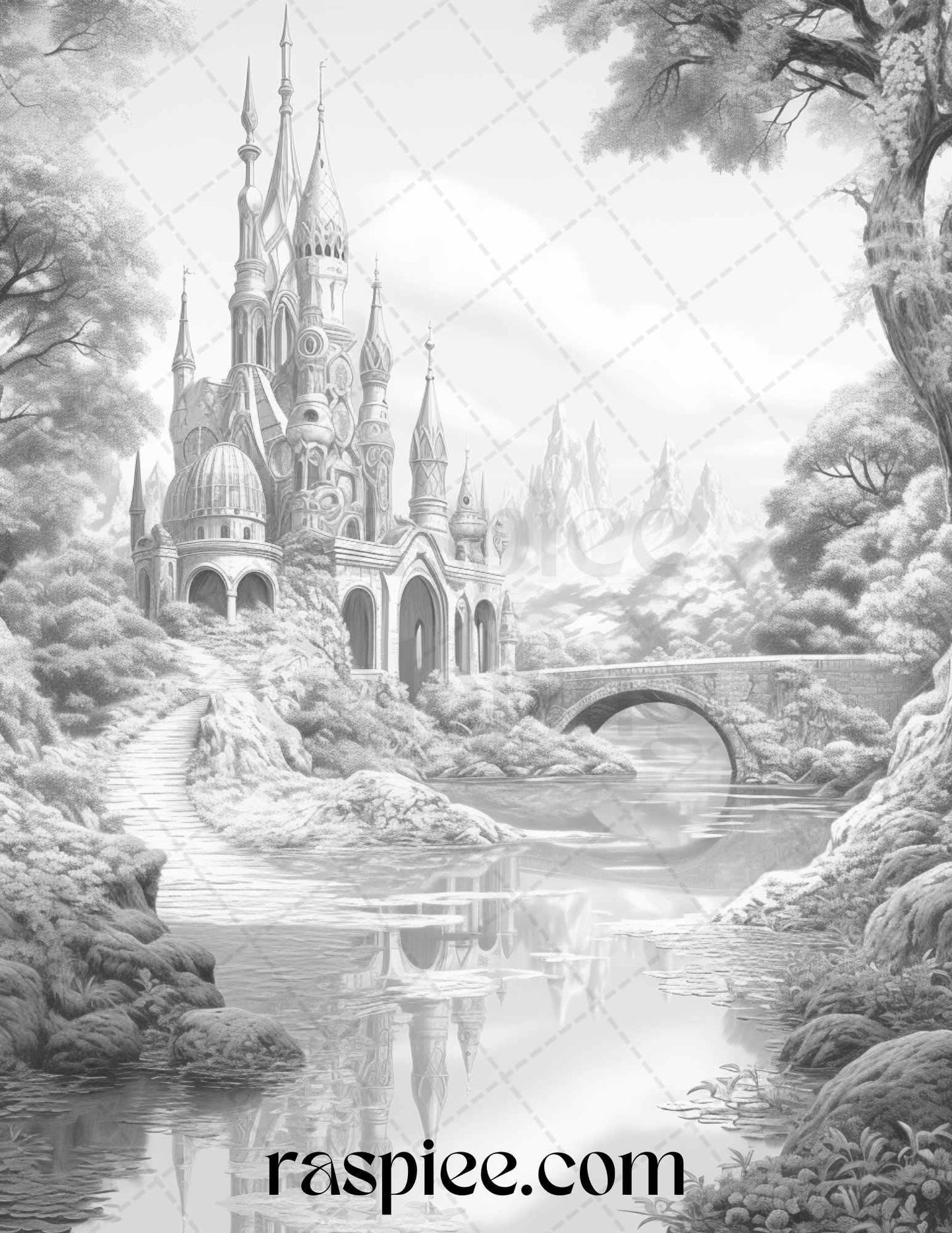 40 Fantasy Landscapes Grayscale Coloring Pages Printable for Adults, PDF File Instant Download