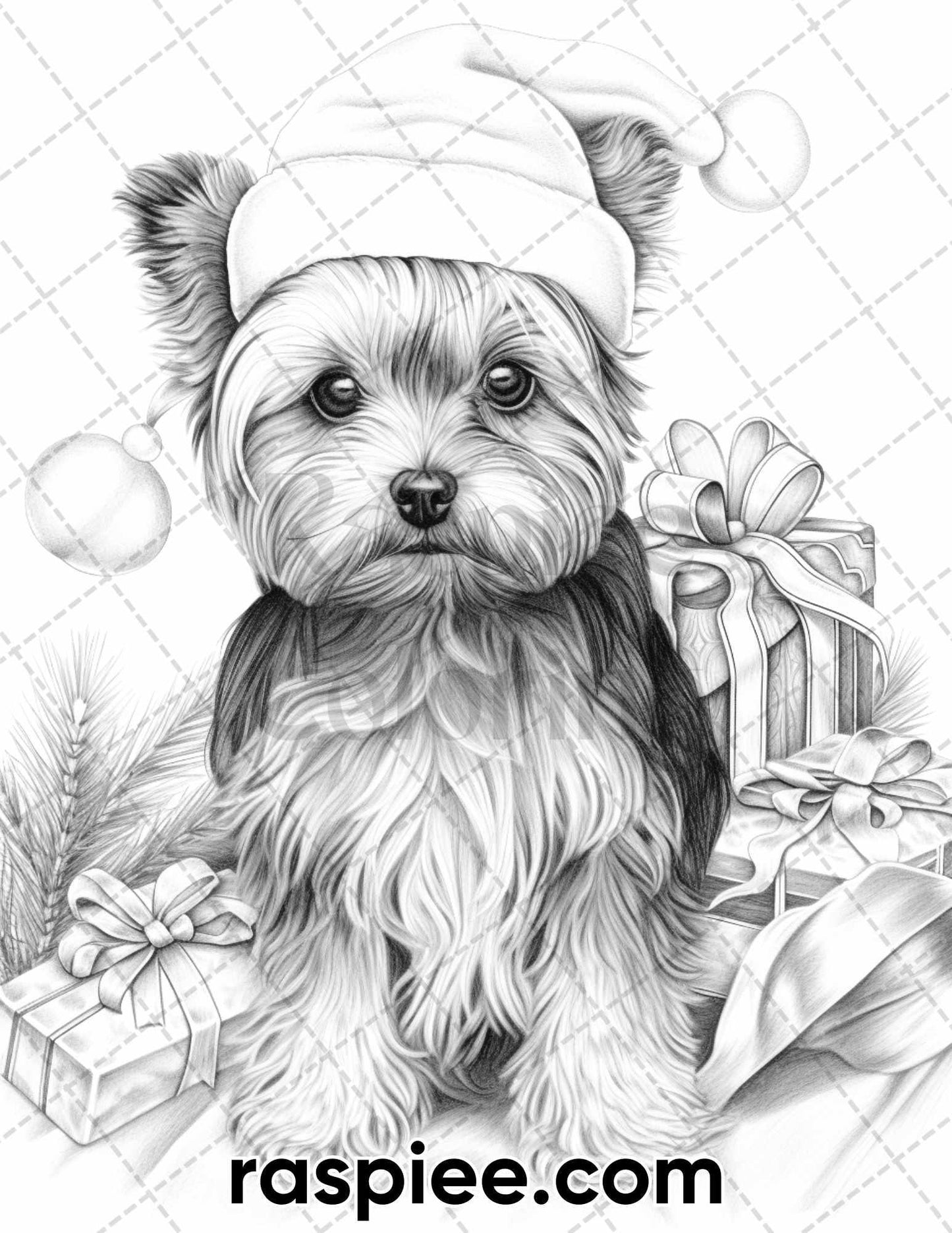 45 Christmas Dogs Grayscale Coloring Pages for Adults, Printable PDF Instant Download