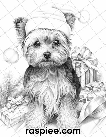 45 Christmas Dogs Grayscale Coloring Pages for Adults, Printable PDF Instant Download