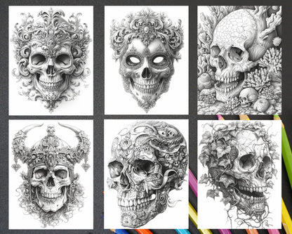 95 Skull Art Grayscale Adult Coloring Pages, Printable PDF Instant Download