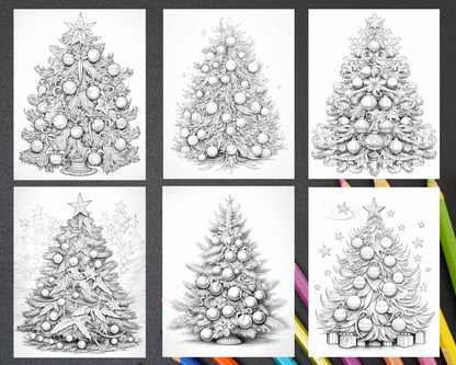 40 Christmas Tree Grayscale Coloring Pages for Adults, Printable PDF Instant Download