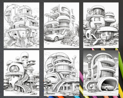 43 Futuristic Houses Grayscale Coloring Pages Printable for Adults, PDF File Instant Download