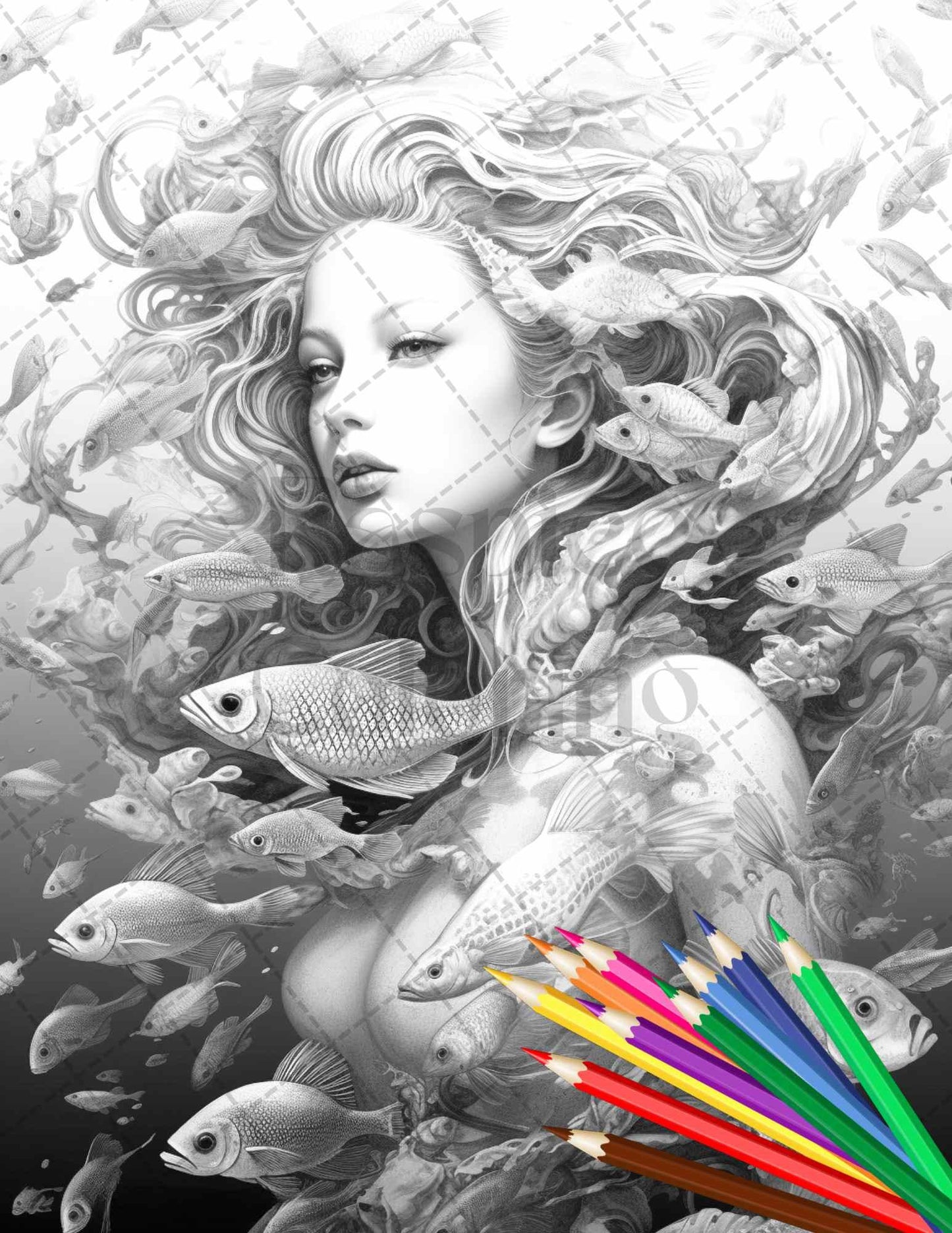 40 Enchanted Mermaid Grayscale Coloring Pages Printable for Adults, PDF File Instant Download