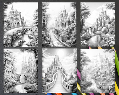 40 Fantasy Landscapes Grayscale Coloring Pages Printable for Adults, PDF File Instant Download