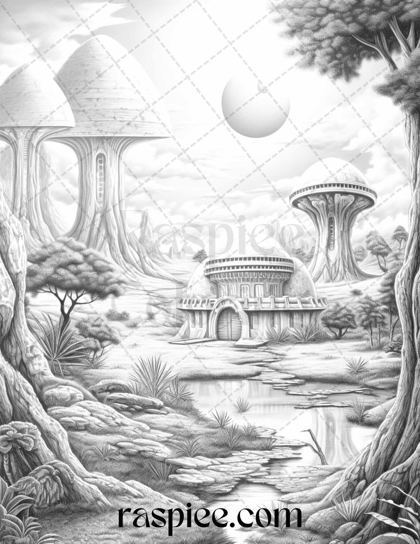 40 Alien Houses Grayscale Coloring Pages for Adults, Printable PDF File Instant Download