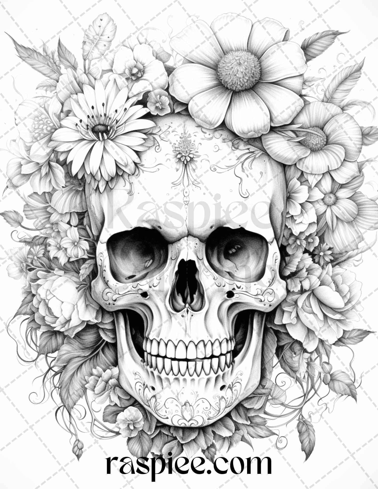 42 Floral Skull Grayscale Coloring Pages for Adults, Stress Relief Coloring Sheets, Printable PDF File Instant Download