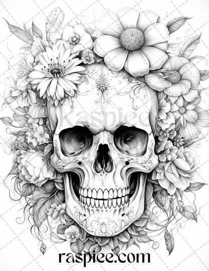 42 Floral Skull Grayscale Coloring Pages for Adults, Stress Relief Coloring Sheets, Printable PDF File Instant Download