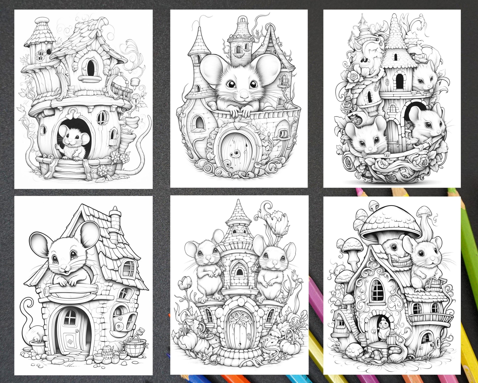 40 Magical Mouse Houses Grayscale Coloring Pages Printable for Adults, PDF File Instant Download