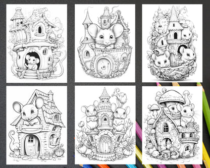 40 Magical Mouse Houses Grayscale Coloring Pages Printable for Adults, PDF File Instant Download