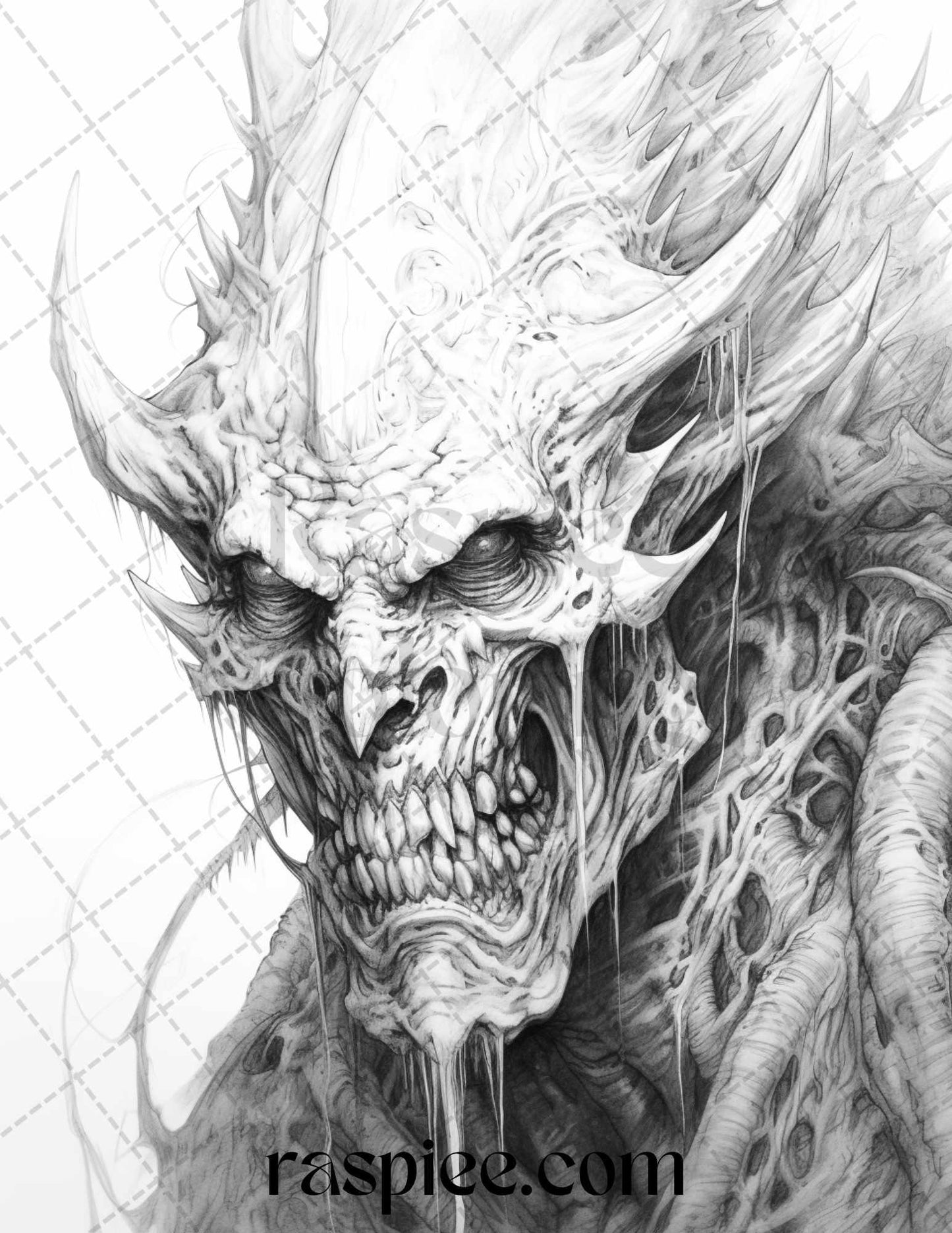 43 Fantasy Demons Grayscale Coloring Pages for Adults, Printable PDF File Instant Download