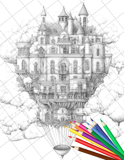 40 Fantasy Sky Houses Grayscale Coloring Pages Printable for Adults, PDF File Instant Download