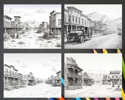 40 Wild West Towns Grayscale Coloring Pages Printable for Adults, PDF File Instant Download