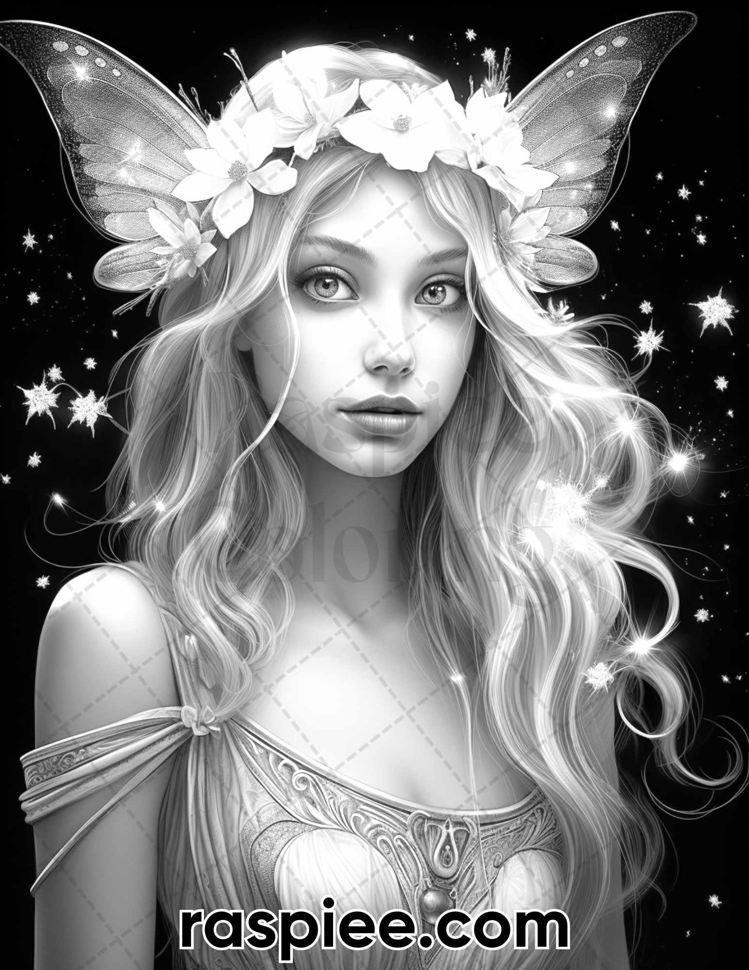 50 Starlight Fairy Grayscale Coloring Pages for Adults, Printable PDF File Instant Download