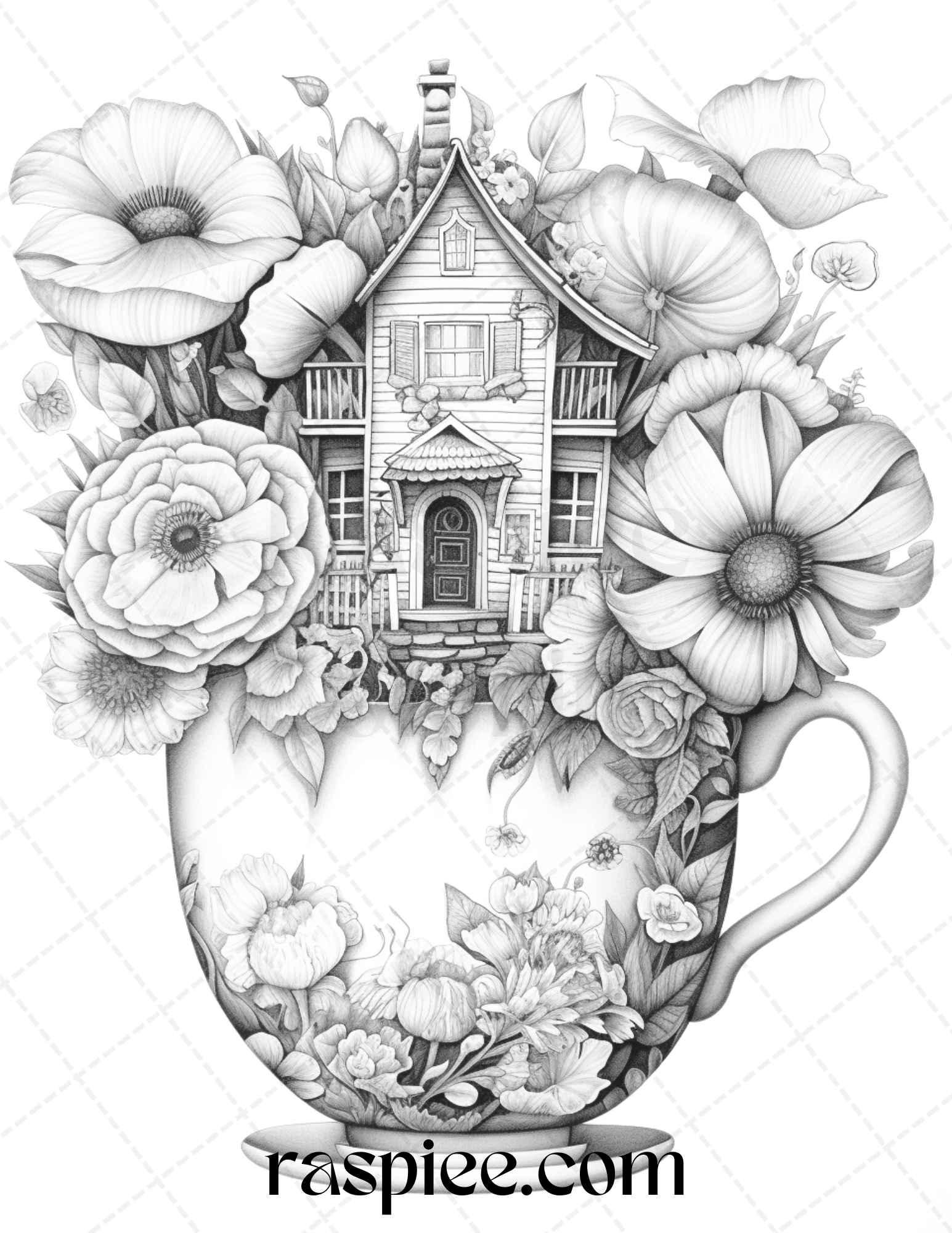 40 Flower Teacup Fairy Houses Grayscale Coloring Pages Printable for Adults, PDF File Instant Download