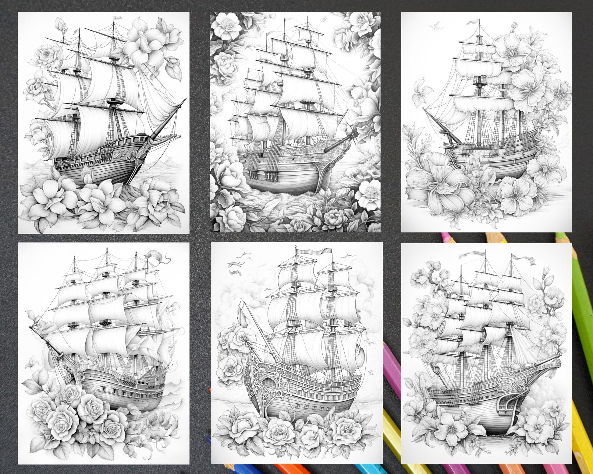 44 Flower Ships Graysale Coloring Pages Printable for Adults, PDF File Instant Download