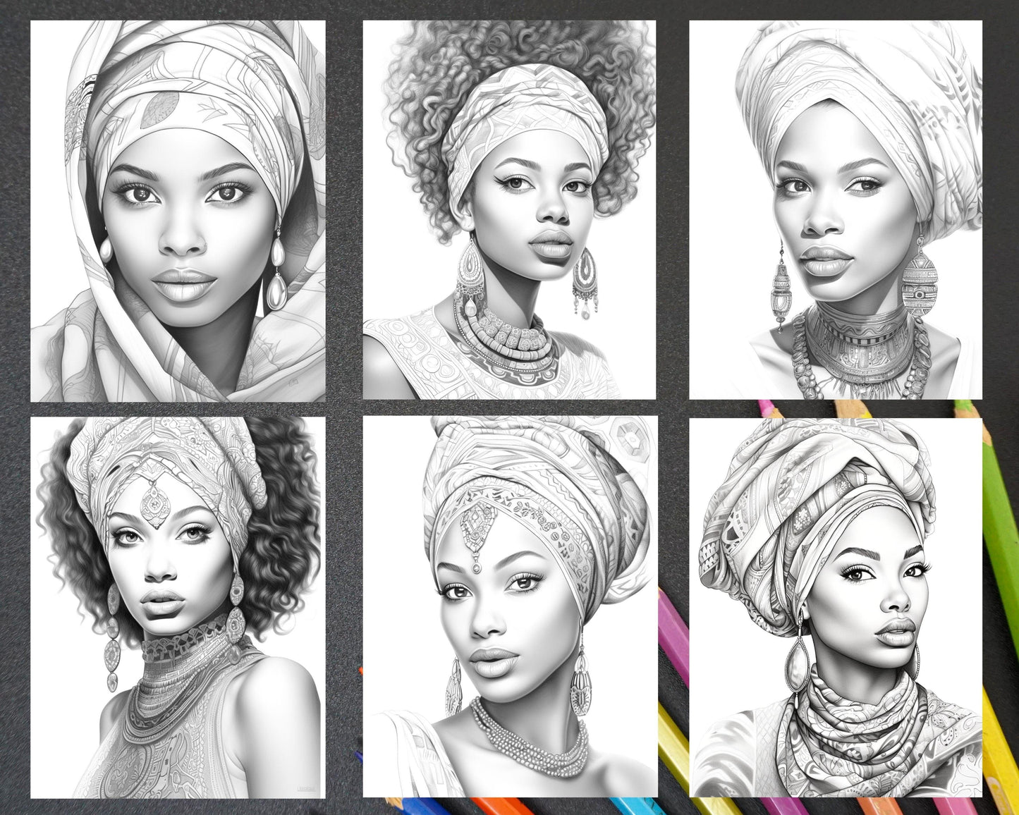 40 Beautiful African Women Grayscale Coloring Pages Printable for Adults, PDF File Instant Download