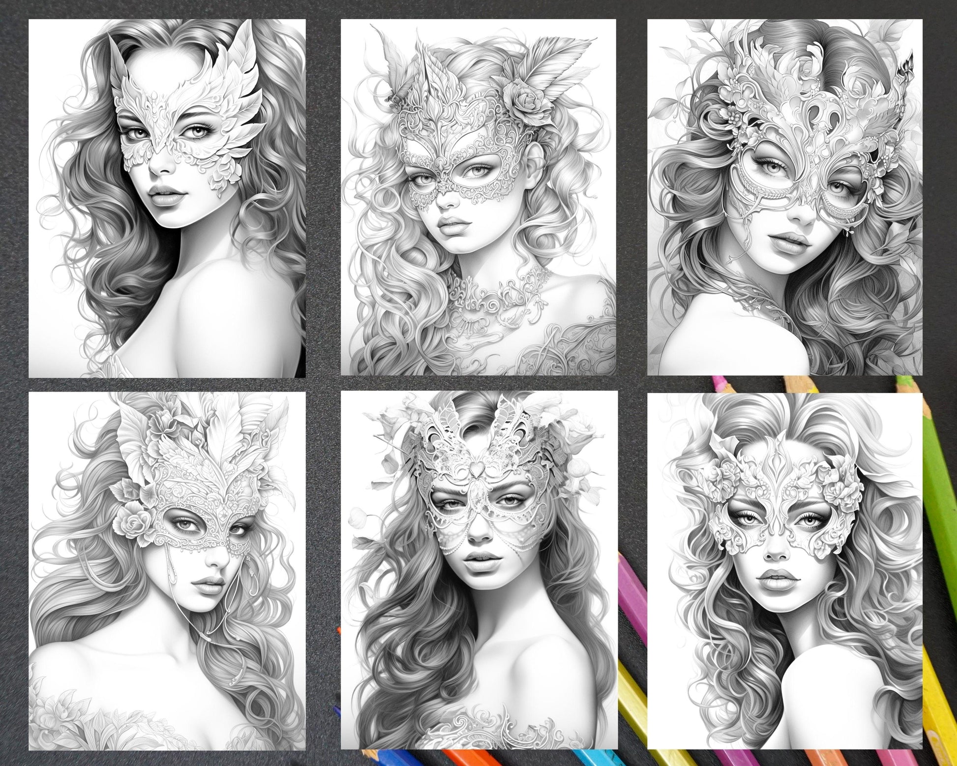 40 Masquerade Girls Grayscale Coloring Pages Printable for Adults, PDF File Instant Download