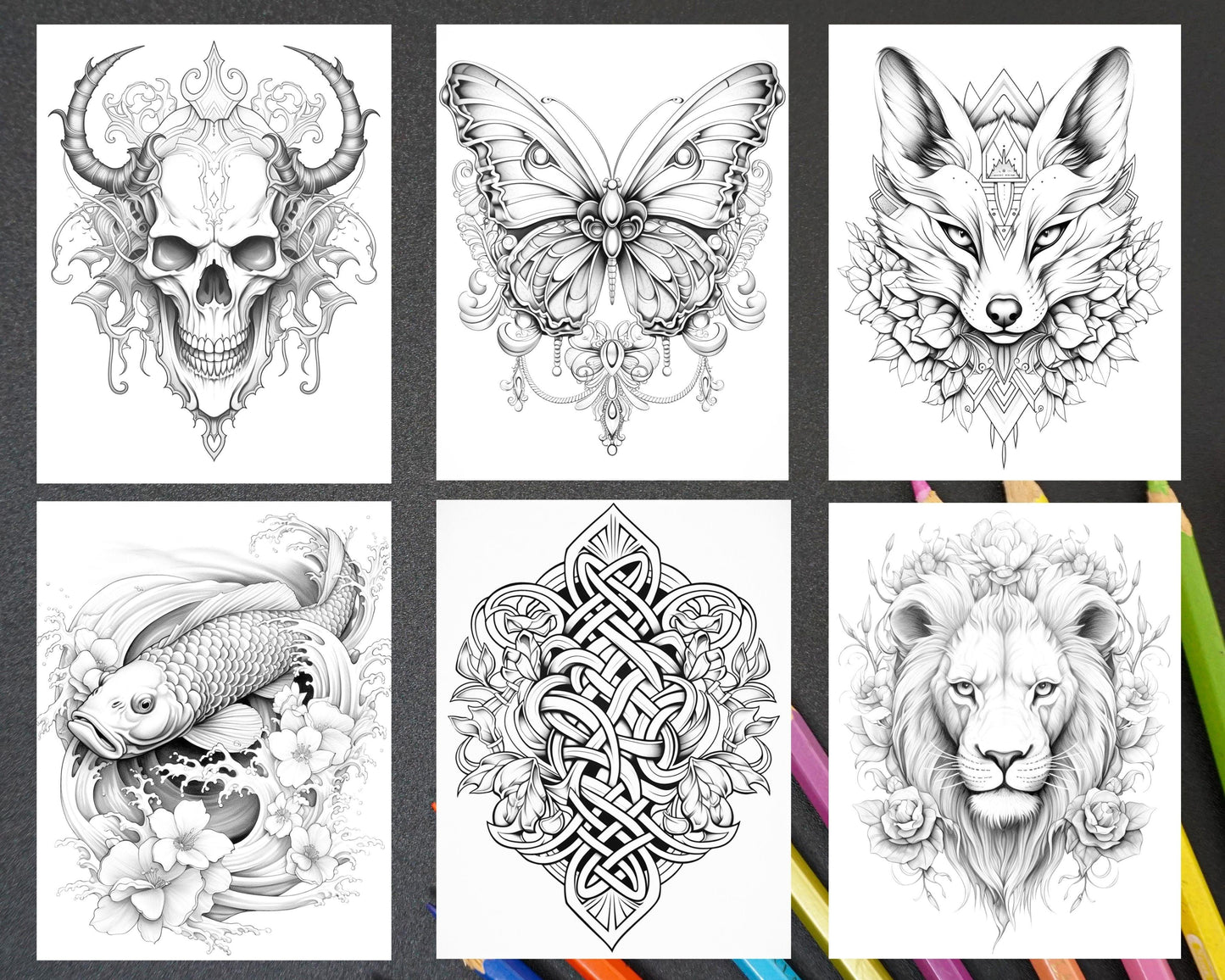 40 Beautiful Tattoos Grayscale Coloring Pages Printable for Adults, PDF File Instant Download