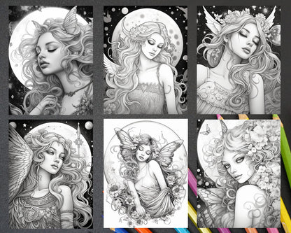 34 Beautiful Moon Fairies Grayscale Coloring Pages Printable for Adults, PDF File Instant Download