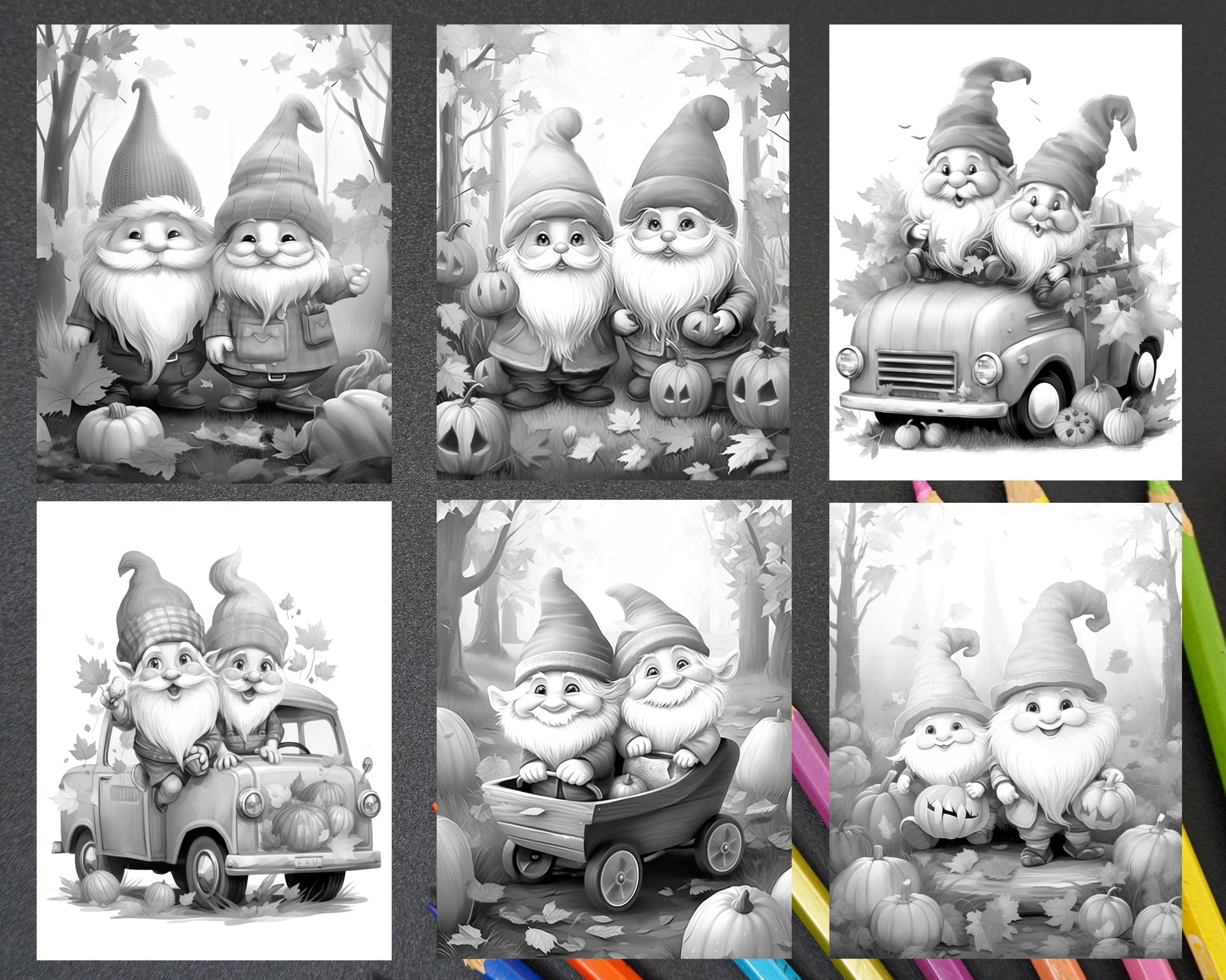 40 Fall Gnomes Grayscale Coloring Pages Printable for Adults Kids, PDF File Instant Download