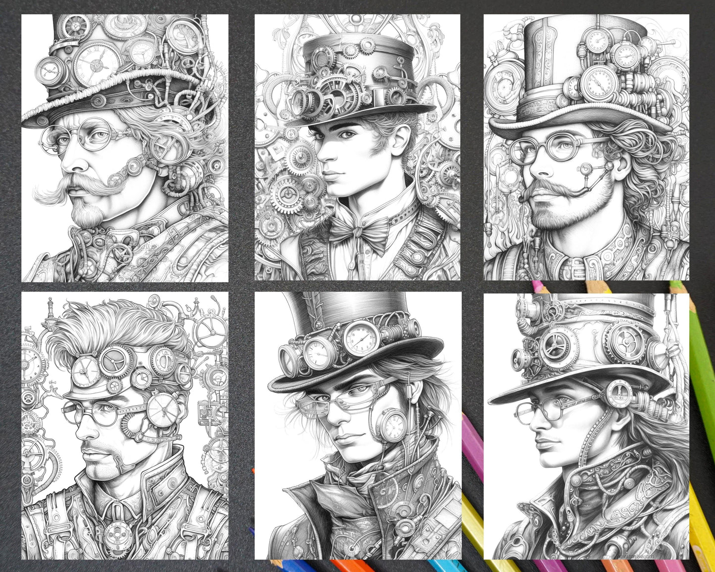 42 Steampunk Mens Grayscale Coloring Pages Printable for Adults, PDF File Instant Download