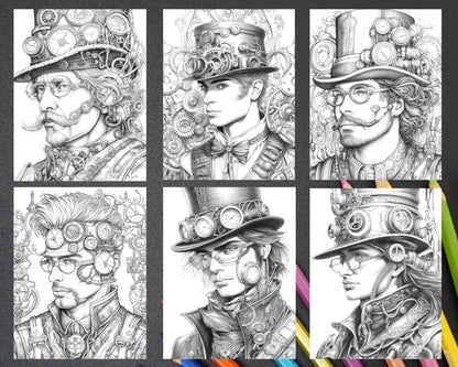 42 Steampunk Mens Grayscale Coloring Pages Printable for Adults, PDF File Instant Download