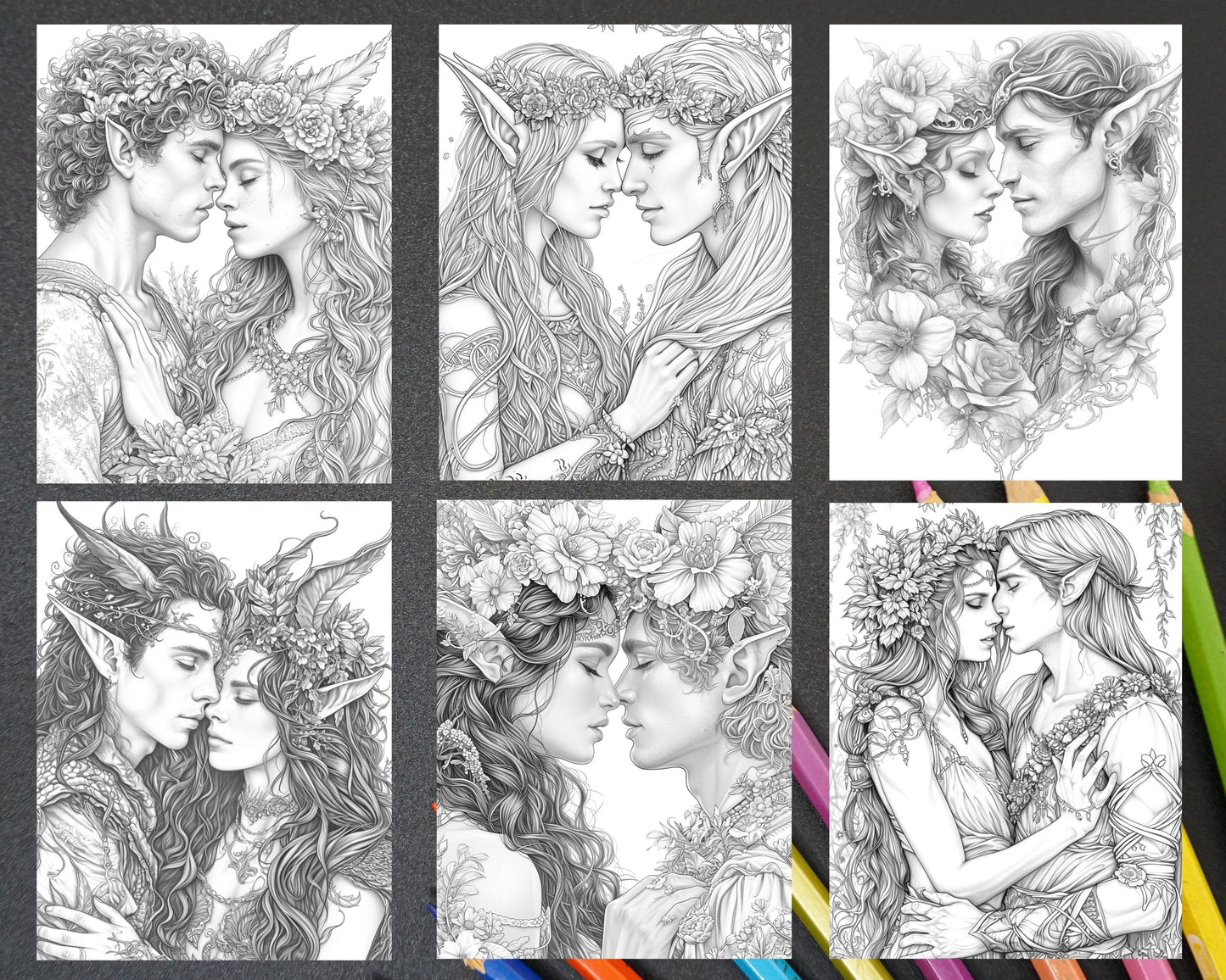 50 Romantic Elf Couple Portraits Adult Coloring Pages, Grayscale Illustration, Printable PDF Instant Download