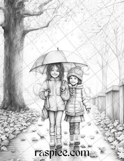 40 Rainy Autumn Day Grayscale Coloring Pages Printable for Adults and Kids, PDF File Instant Download