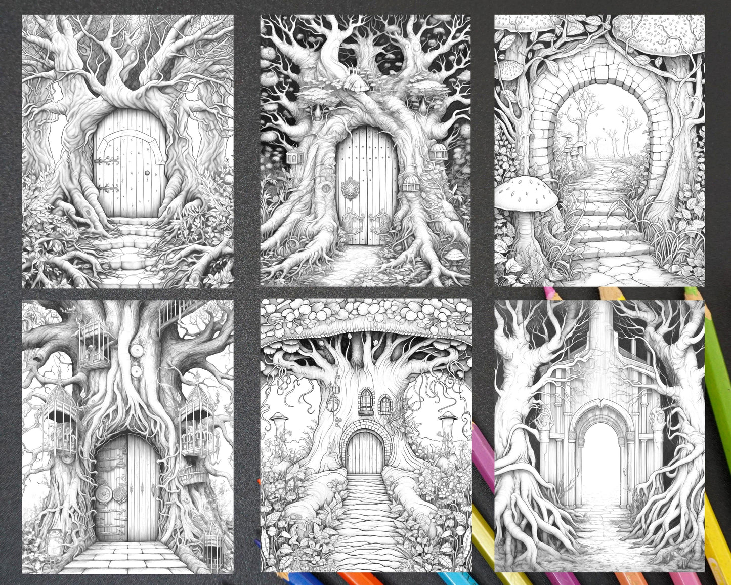 40 Magical Forest Gates Grayscale Coloring Pages Printable for Adults, PDF File Instant Download