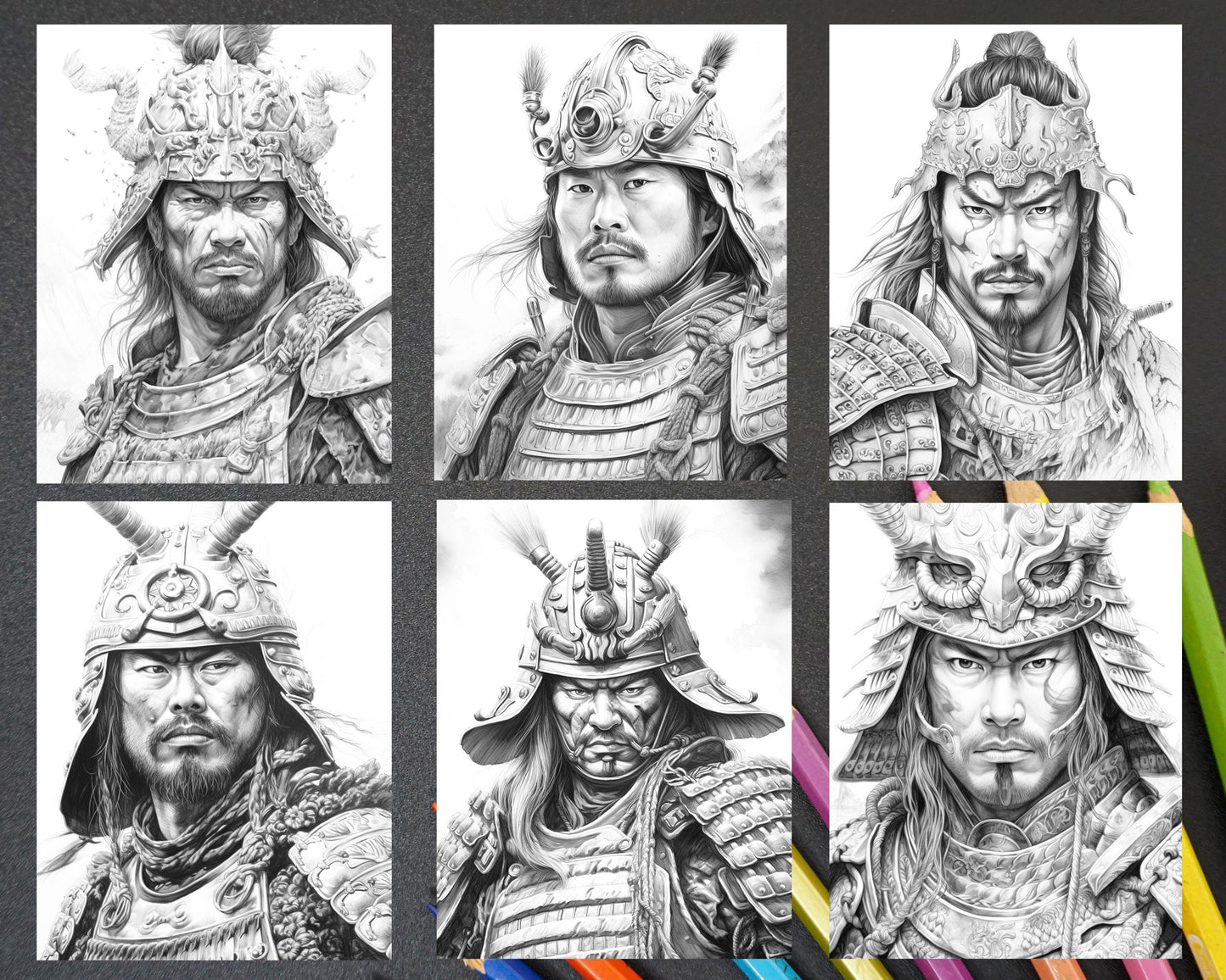 42 Japanese Samurai Grayscale Coloring Pages for Adults, Printable PDF File Instant Download